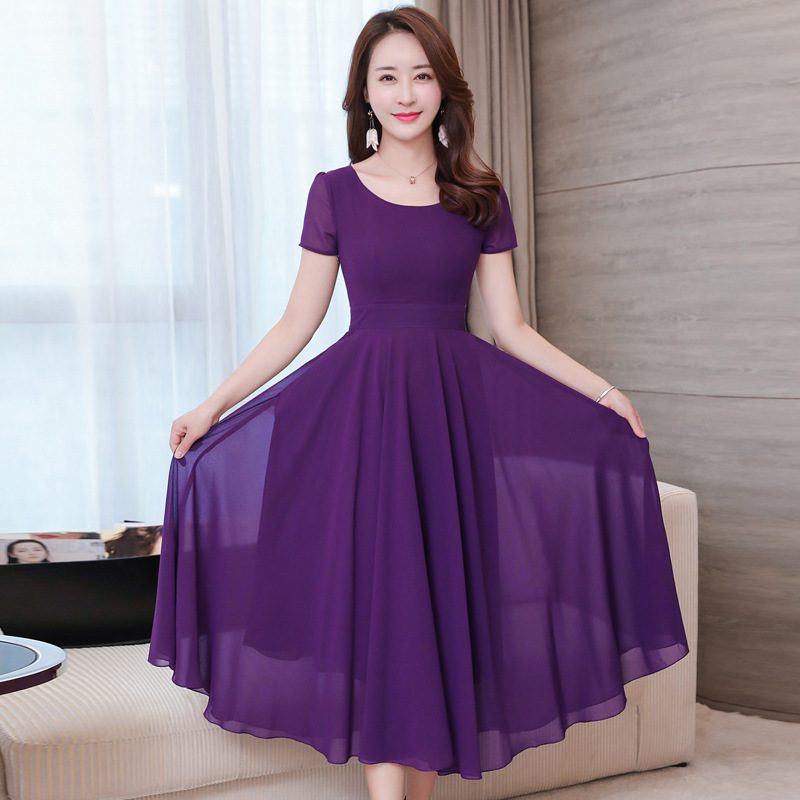 Fashion O Neck Short Sleevele Chiffon Dress (4colors)