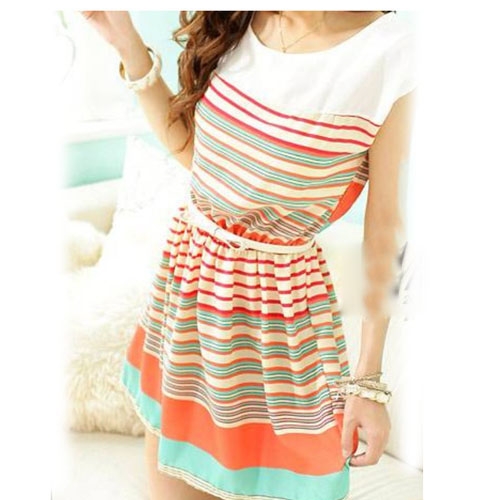 Sweet And Fashion Colorful Stripes Chiffon Dress With Bowknot Belt