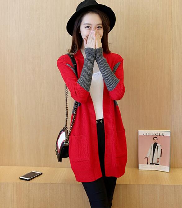 Simple Design Long Sleeve Long Cardigan Sweater - Red