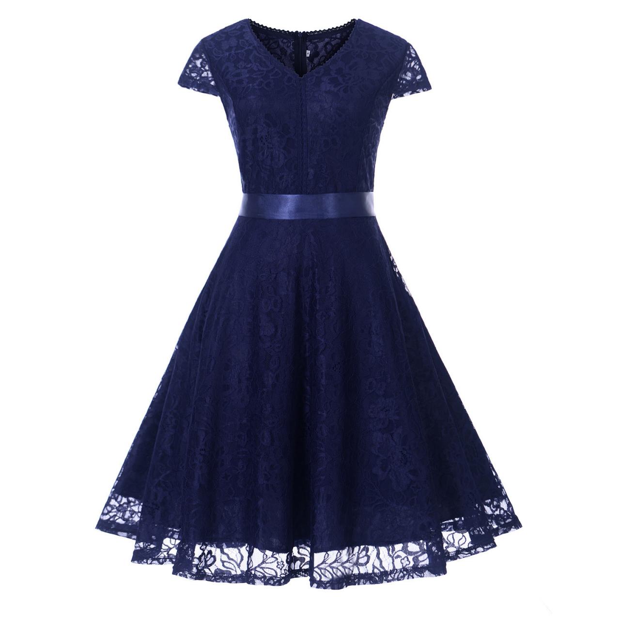 Elegant V Neck Short Sleeve Lace Dress With Belt - Navy Blue