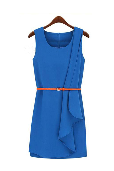 Fashion O Neck Tank Sleeveless Blue Cotton Asymmetrical Sheath Mini Dress