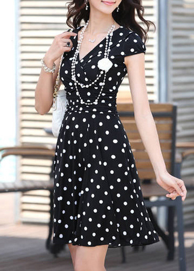 Adorable Chiffon High Waist Polka Dots Dress - Black