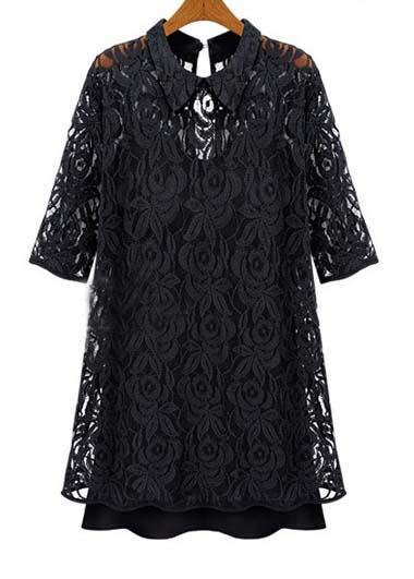 Fine Quality Shirt Collar Half Sleeve Black Lace Dress