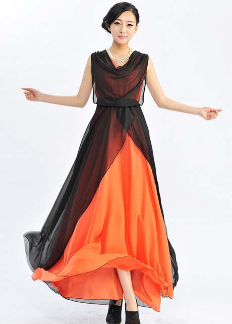 Fashion Club Color Matching Long Dress - Black&orange on Luulla