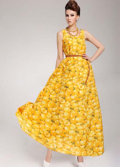 Bohemia Style Cute Fruit Print Long Dress - Yellow