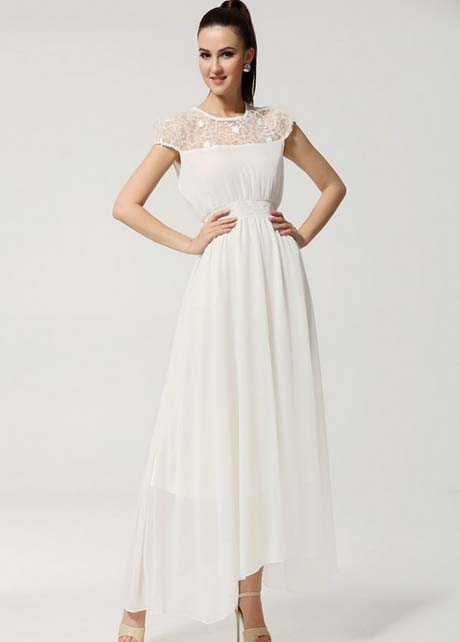 Romantic Hollow Lace Patchwork High Waist Dress - White
