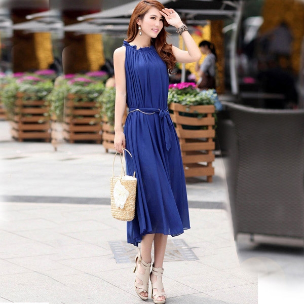 Women's Sexy Strapless Long Chiffon Sleeveless Dress - Blue