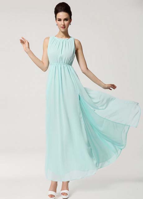 Vogue Slit Design Sleeveless Chiffon Long Dress - Light Blue