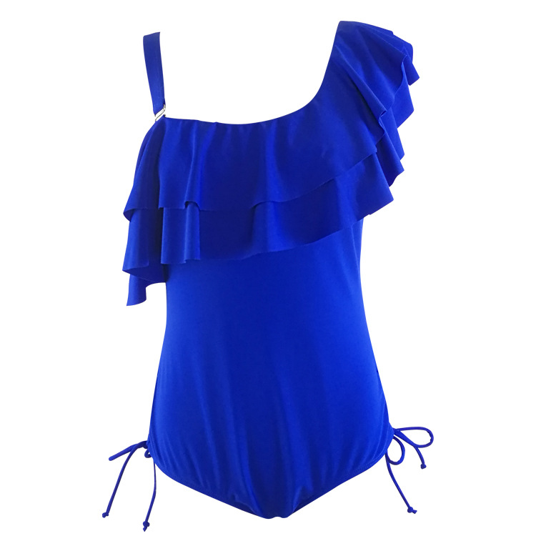 Solid Ruffled One Piece Swimwear One Shoulder Off Shoulder Bodysuit Bikini - Blue