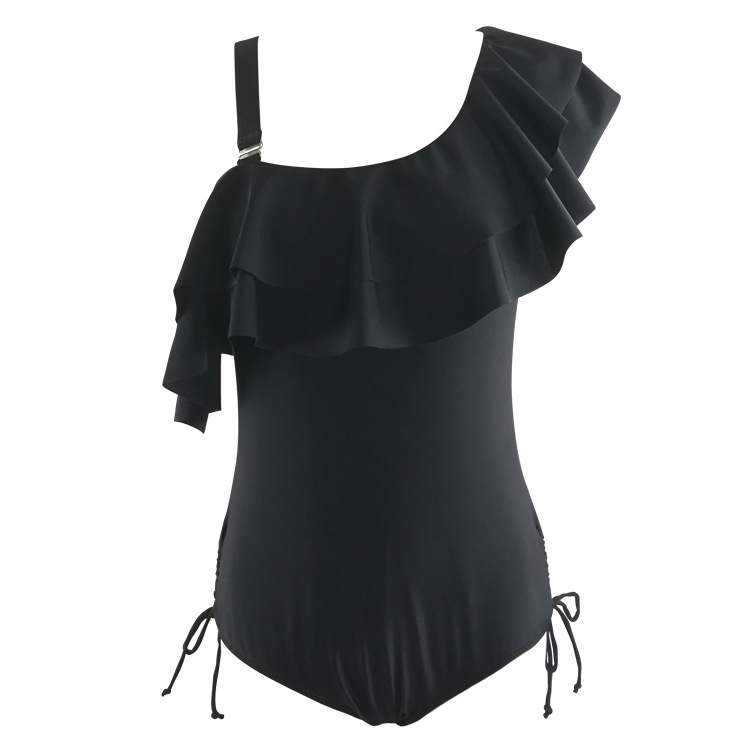 Solid Ruffled One Piece Swimwear One Shoulder Off Shoulder Bodysuit Bikini - Black