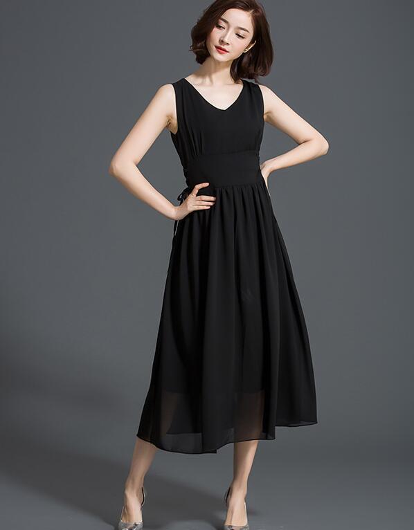 V Neck Sleeveless Solid Long Dress - Black