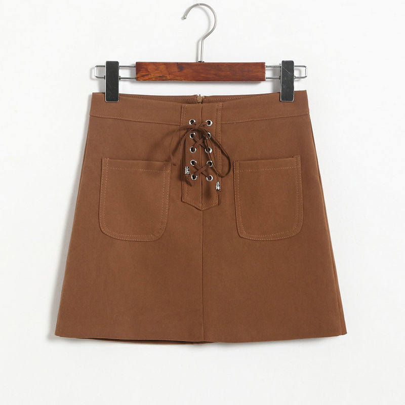 Women Autumn Fashion Cross High Waist Zipper Split Bodycon Short Mini Skirts - Coffee