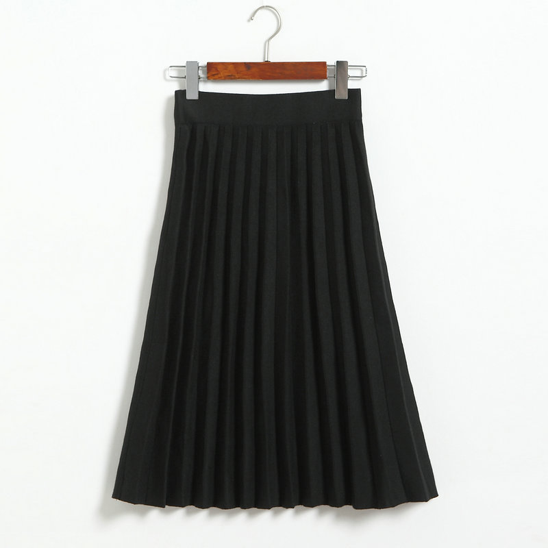 Spring Autumn Summer Style Women's High Waist Pleated Skirt - Black