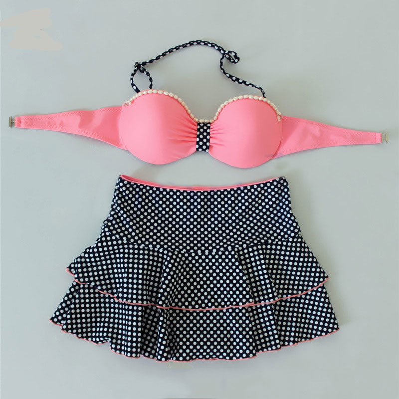 Dot Print Sexy Swimsuit Girls Cute Bow Knot Bikini Set - Pink