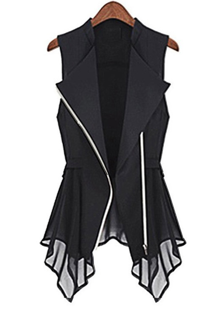 Casual Irregular Hem Turndown Collar Chiffon Vest For Lady - Black