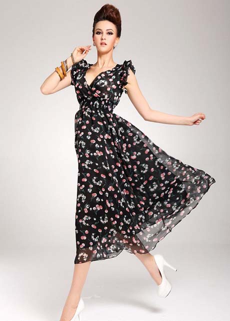 Cherry Print High Waist Long Chiffon Dress