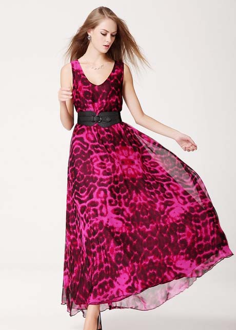 Fashion Glamorous Plunging V Neck Printed Dress with Belt - Rose