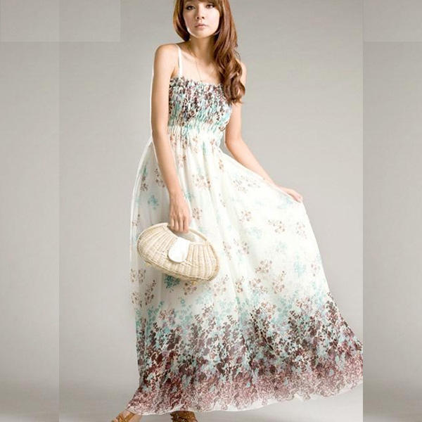 Beautiful Bohemian Strap Chiffon Floral Beach Long Style Dress