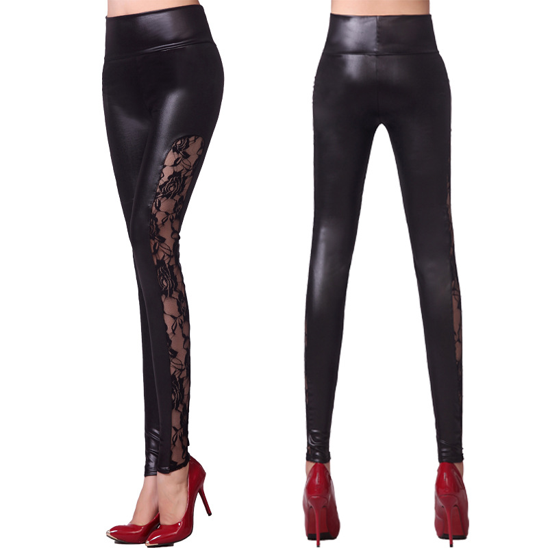 New Leather pants female fashion side lace patchwork leggings