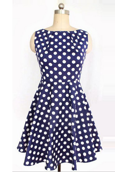 Fashion Polka Dots O Neck Tank Sleeveless A Line Blue Cotton Mini Dress