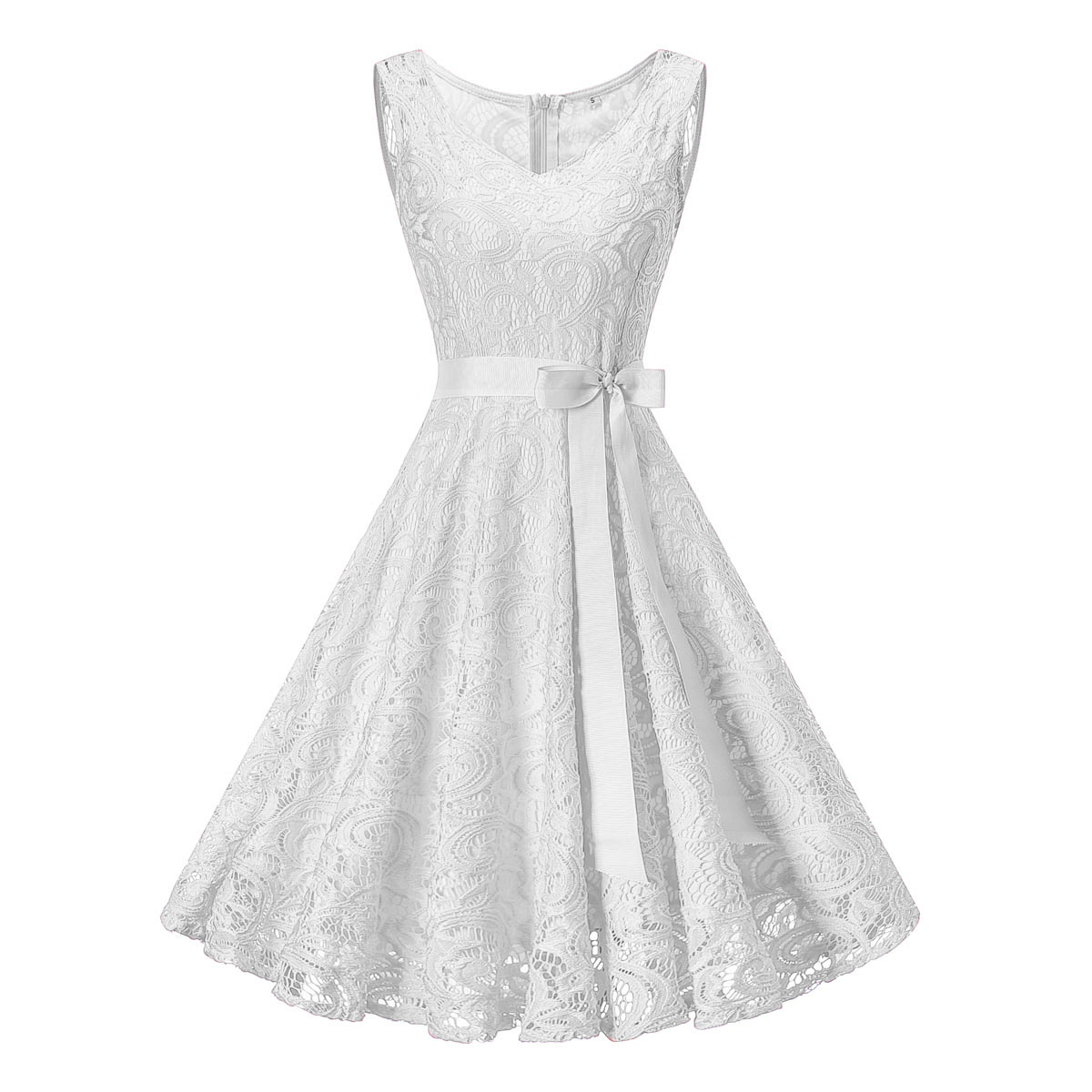 Sweet Sleeveless V Neck A Line Dress - White