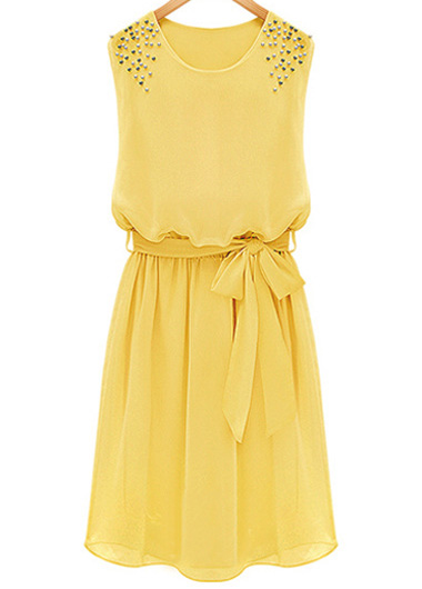 Yellow Chiffon Sleeveless Short Dress Featuring Bow Accent Belt And Rivets Detailing