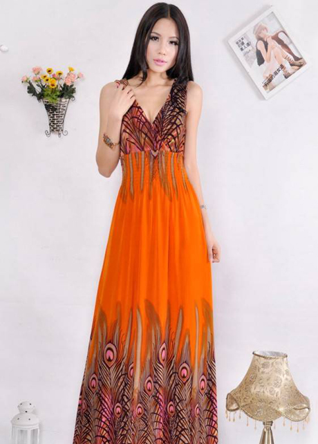 Ethnic Style Sleeveless Embossing High Waist Dress - Orange