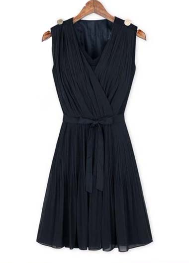 Fashion Style Sleeveless Woman Pleated Dress Solid - Dark Blue