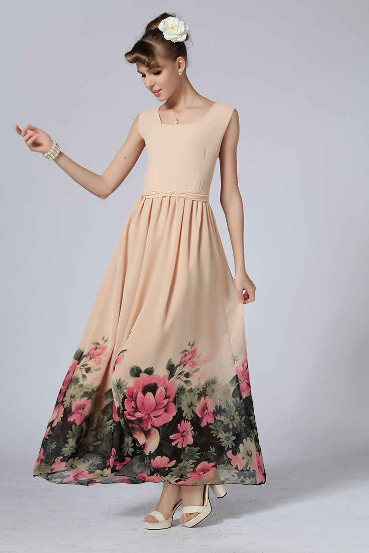 Designer Princess Style Chiffon Maxi Dress With Red Flowers