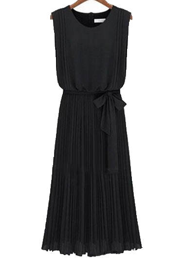 Good Quality Round Neck Sleeveless Chiffon Dress - Black 