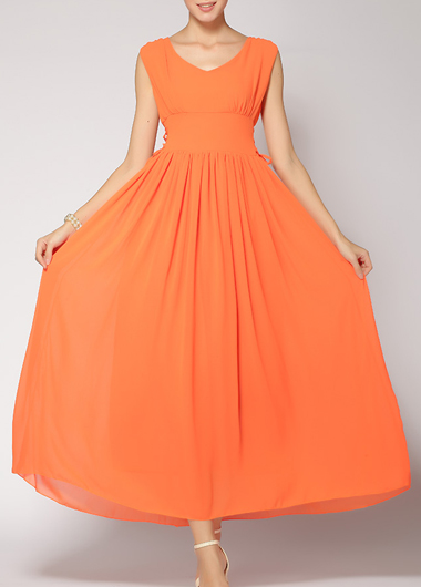 Elegant V Neck Sleeveless High Waist Dress - Orange