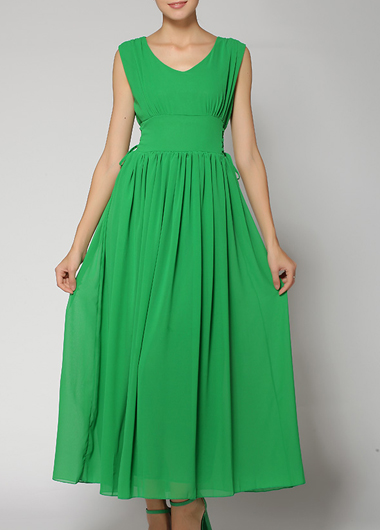 Elegant V Neck Sleeveless High Waist Dress - Green