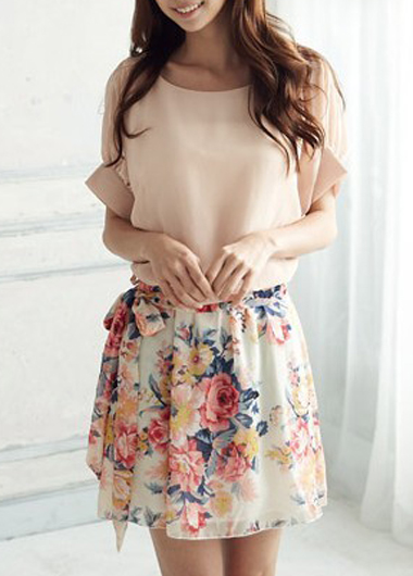 Sweet Short Sleeve Print Design Woman Mini Dress - Pink