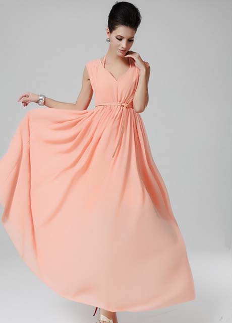 Charming Double V Neck Coral Maxi Dress With Sheared Waist - Pink