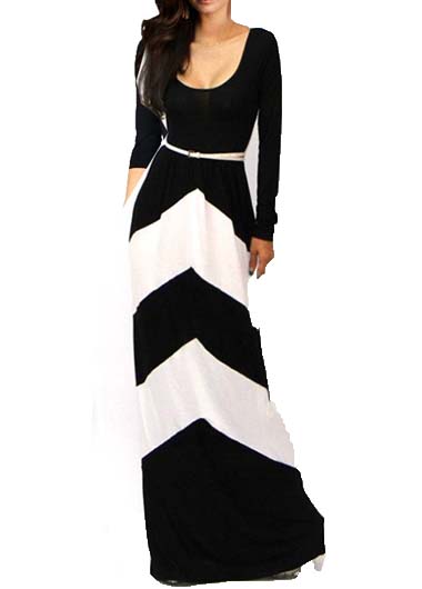 Classic Color Block Long Sleeve High Waist Dress - Black&white
