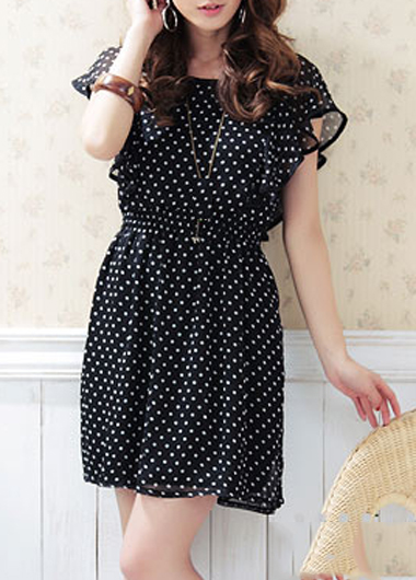 Lovely Polka Dot Design Butterfly Sleeve Chiffon Dress - Black