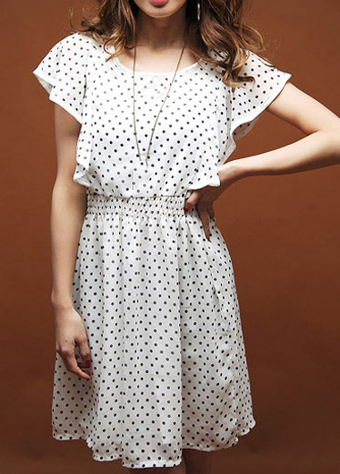 Lovely Polka Dot Design Butterfly Sleeve Chiffon Dress - White