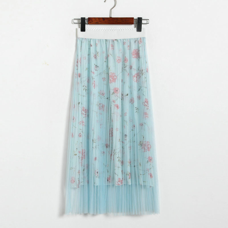 High Waisted Pleated Printed Long Skirt - Light Blue