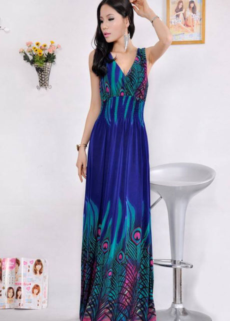 Ethnic Style V Neck Sleeveless Embossing High Waist Dress - Dark Blue