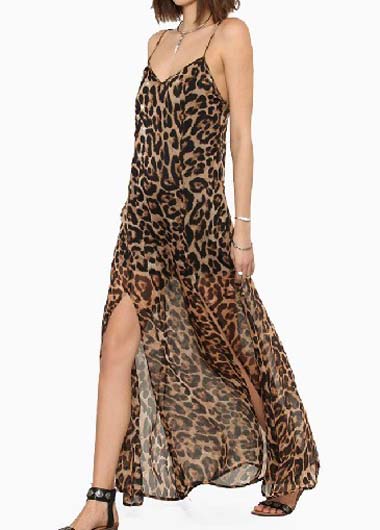 Sexy Leopard Strap Design Open Back Ankle Length Dress