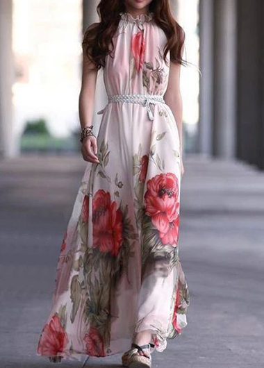 Charming Mandarin Collar Sleeveless Printed Dress For Lady