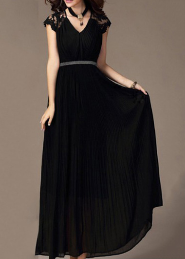 Classic Beautiful Cap Sleeve V Neck Chiffon Dress - Black