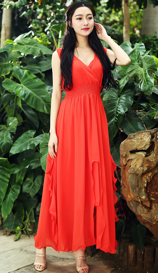Fashion Strapless V Neck Maxi Long Dress - Orange Red