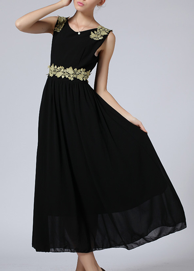 Fine Quality Round Neck Sleeveless Chiffon Maxi Dress - Black