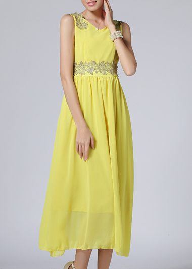 Fine Quality Round Neck Sleeveless Chiffon Maxi Dress - Yellow