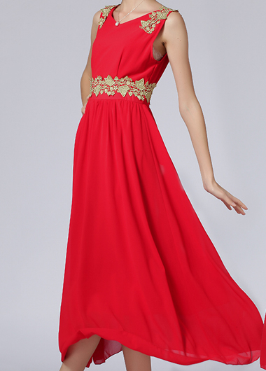 Fine Quality Round Neck Sleeveless Chiffon Maxi Dress - Red