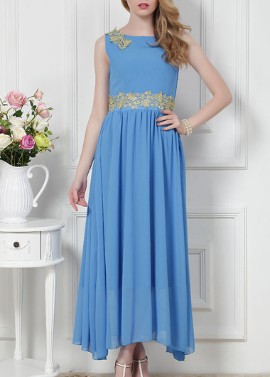 Fine Quality Round Neck Sleeveless Chiffon Maxi Dress - Blue