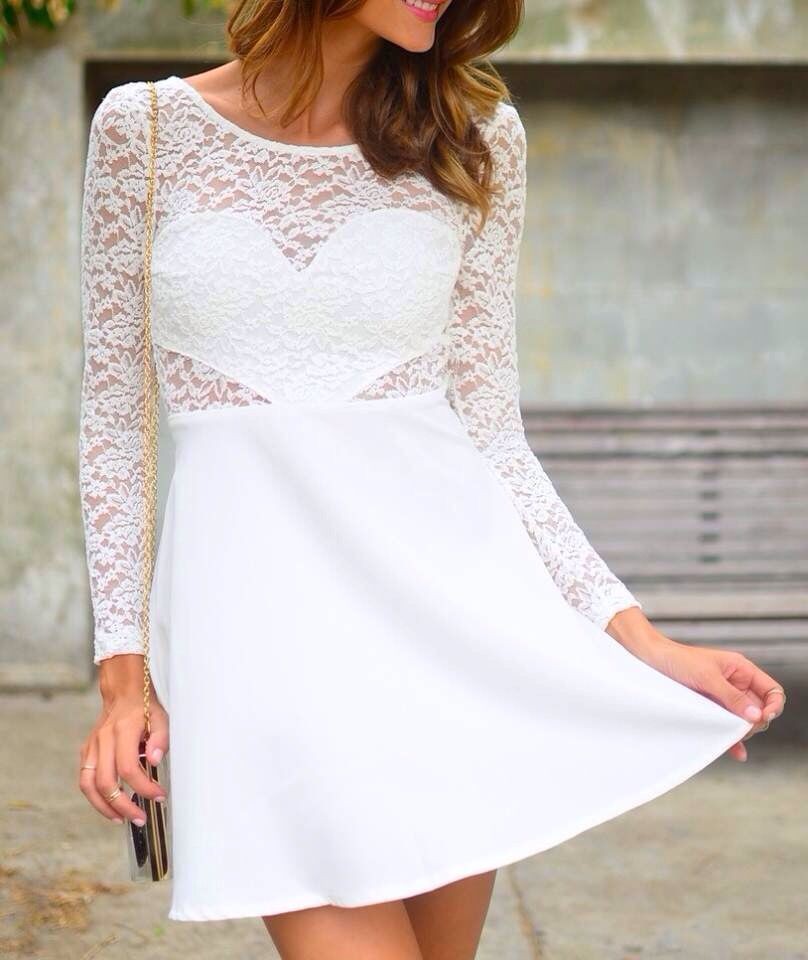 Sexy Open Back Long Sleeve Bow Lace Dress With Heart - White