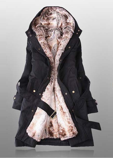 High Quality Woman Solid Fleece Zipper Closure Hooded Coat - Black