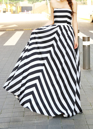 Fashion Open Back Striped Dress For Woman - Black & White